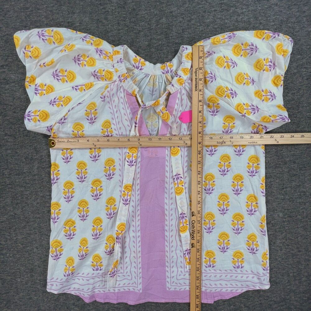 Ivy Jane Border Block Print Blouse Designer Sample M Yellow Purple Cotton Top - Picture 5 of 7